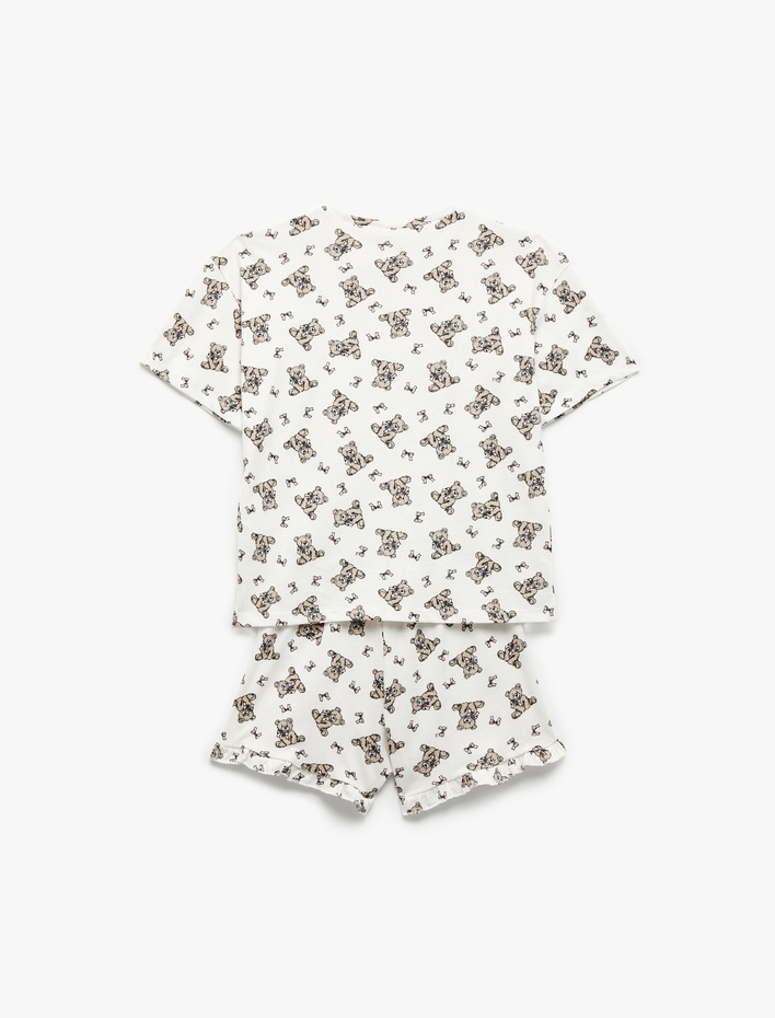 Kız Çocuk Pamuklu Ayıcık Baskılı Kısa Kollu Bisiklet Yaka Pijama Takımı