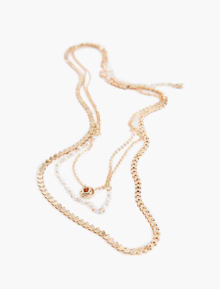 Kadın Çoklu Zincir Detaylı İnci Süslemeli Çelik Kolye