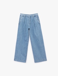 Pamuklu Kemer Detaylı Cepli Düğmeli Geniş Paça Jean Pantolon -  Wide Leg Jeans