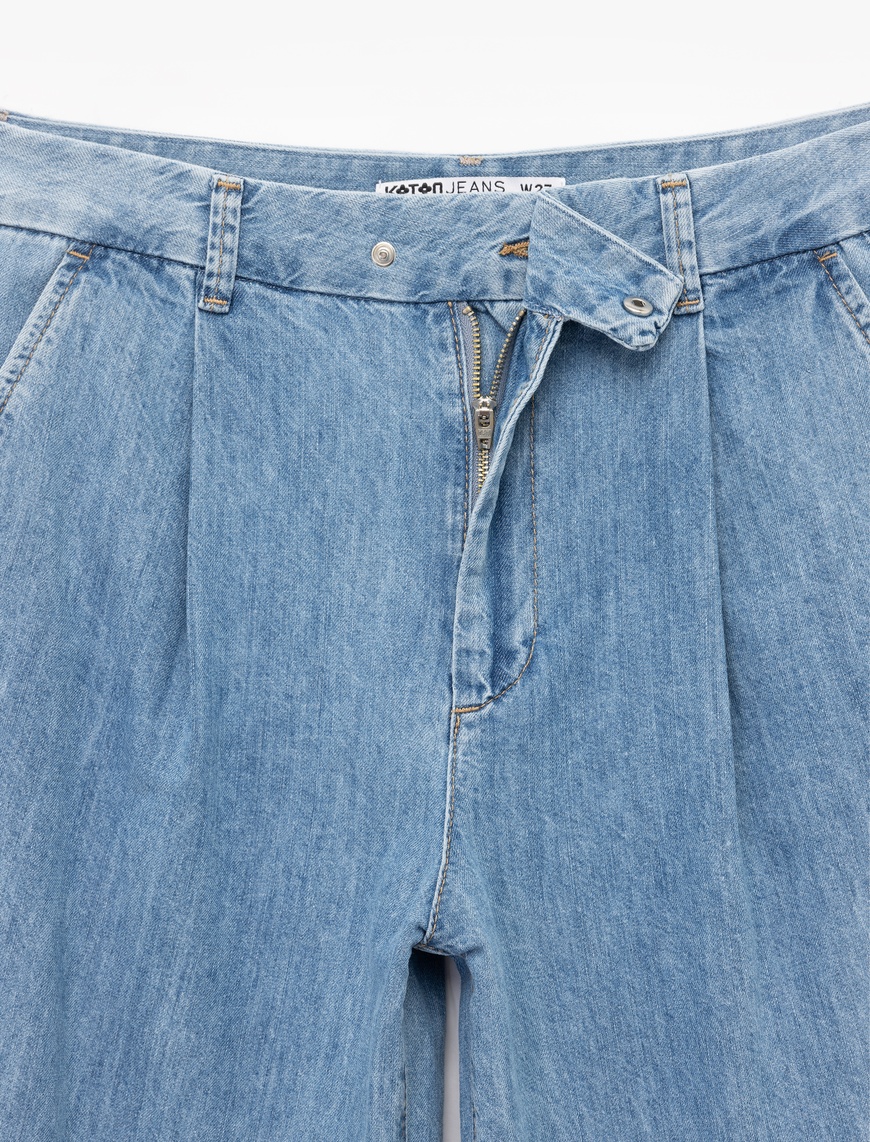   Pamuklu Kemer Detaylı Cepli Düğmeli Geniş Paça Jean Pantolon -  Wide Leg Jeans