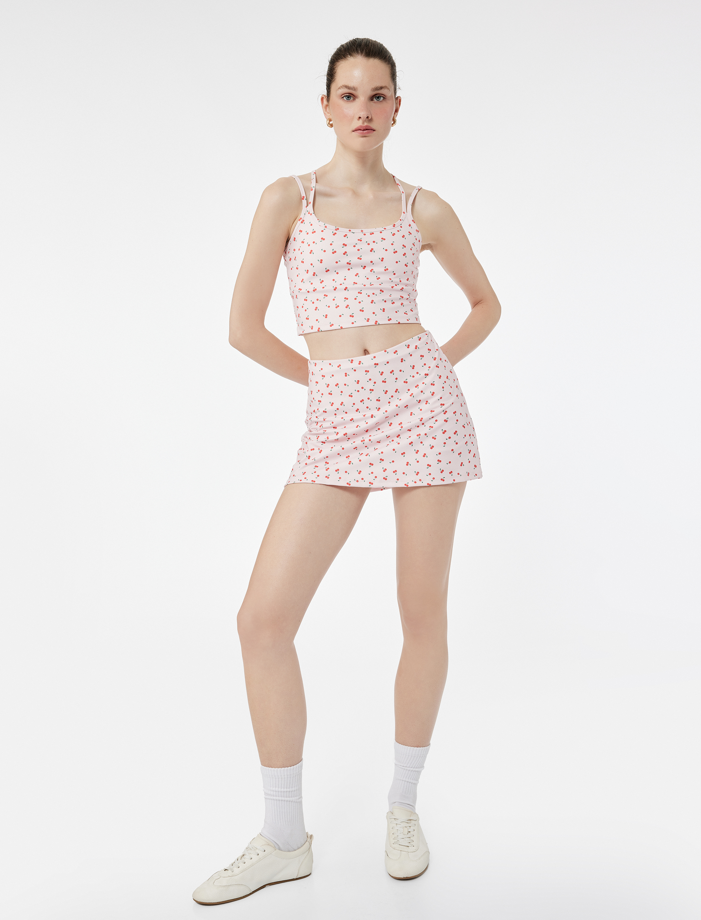   Kiraz Baskılı İnterlok Yüksek Bel Slim Fit Mini Spor Şort Etek