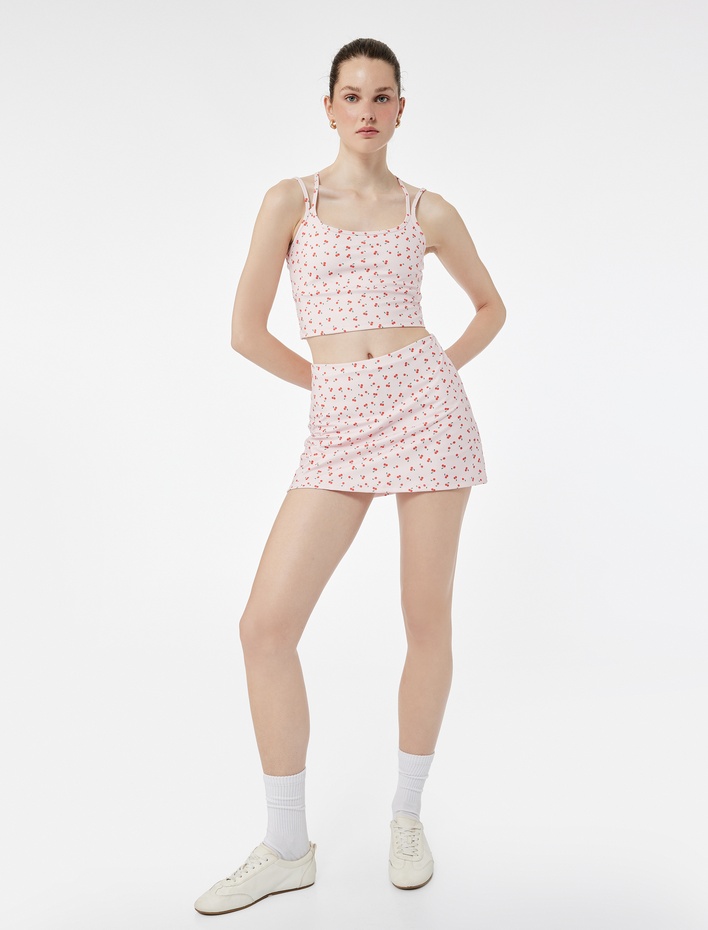  Kiraz Baskılı İnterlok Yüksek Bel Slim Fit Mini Spor Şort Etek