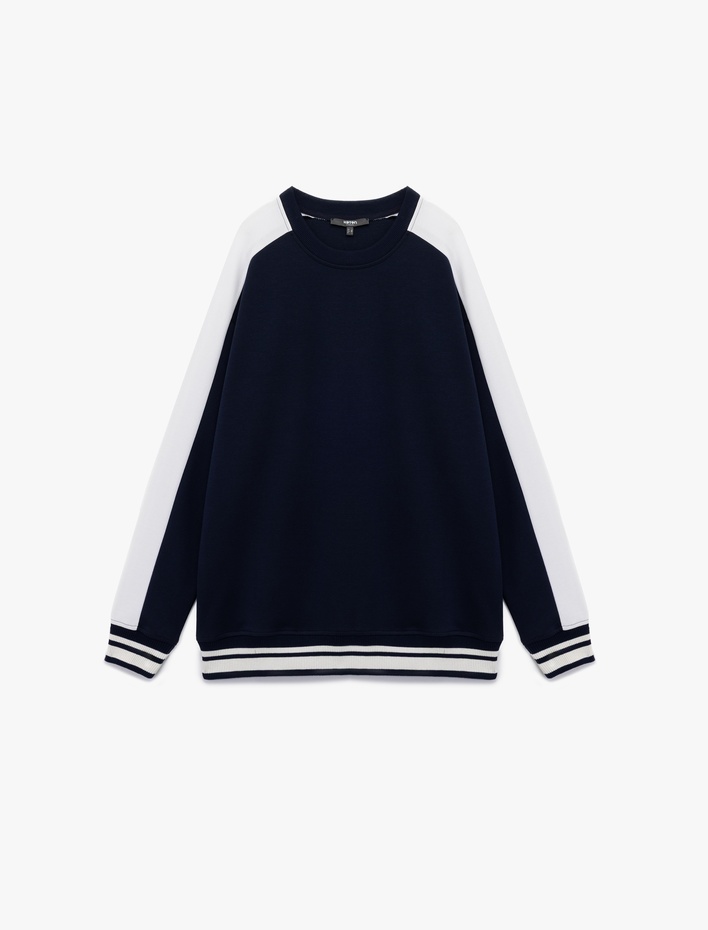  Uzun Kollu Renk Kontrastlı Pamuklu Bisiklet Yaka Sweatshirt