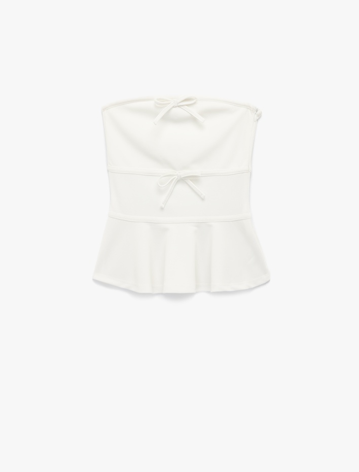  Straplez Yaka Fiyonklu Peplum Volanlı Kolsuz Bluz