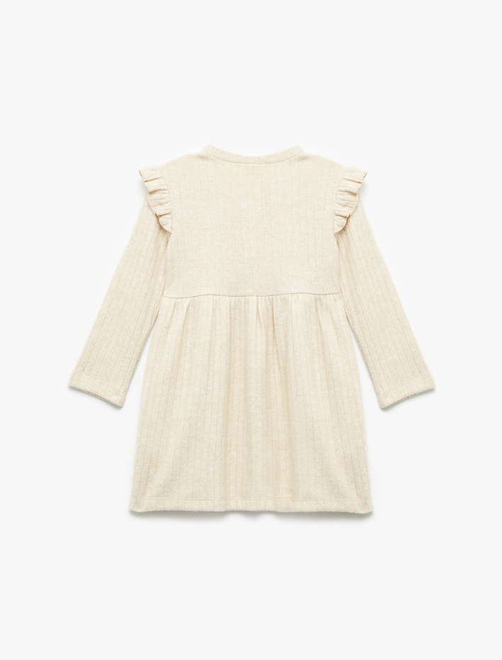 Kız Bebek Fırfır Detaylı Düğmeli Uzun Kollu Bisiklet Yaka Elbise