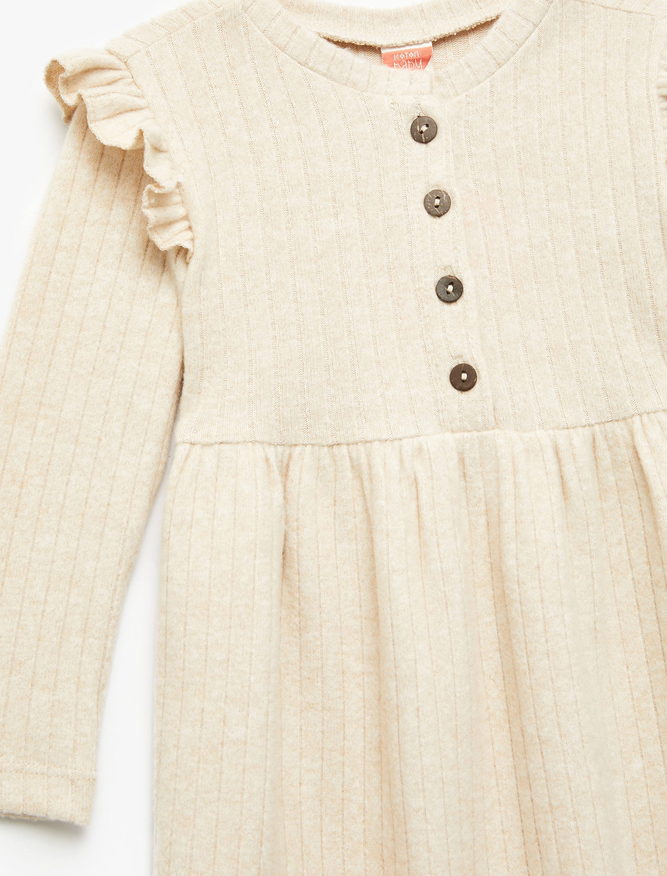  Kız Bebek Fırfır Detaylı Düğmeli Uzun Kollu Bisiklet Yaka Elbise