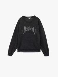 Şardonlu Uzun Kollu Bisiklet Yaka Taşlı Baskılı Oversize Sweatshirt