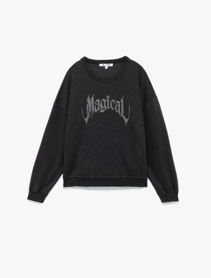  Şardonlu Uzun Kollu Bisiklet Yaka Taşlı Baskılı Oversize Sweatshirt