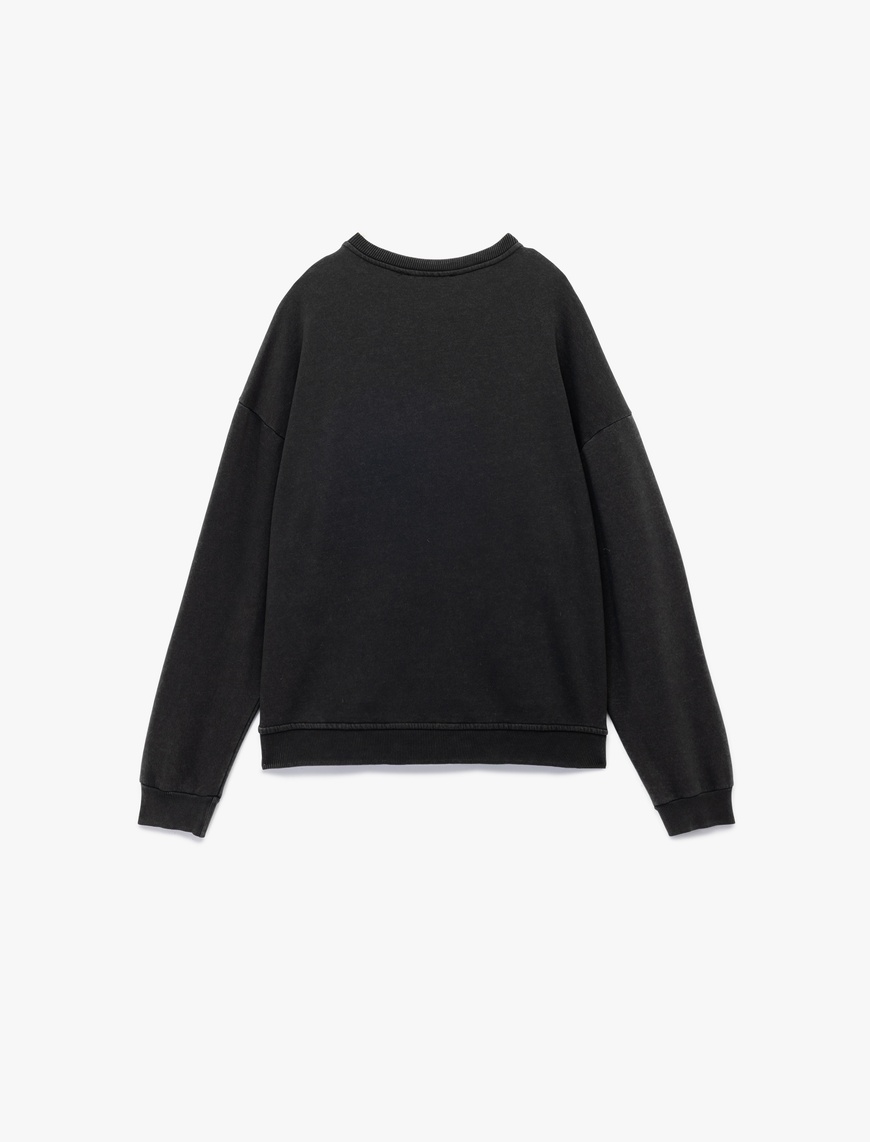   Şardonlu Uzun Kollu Bisiklet Yaka Taşlı Baskılı Oversize Sweatshirt