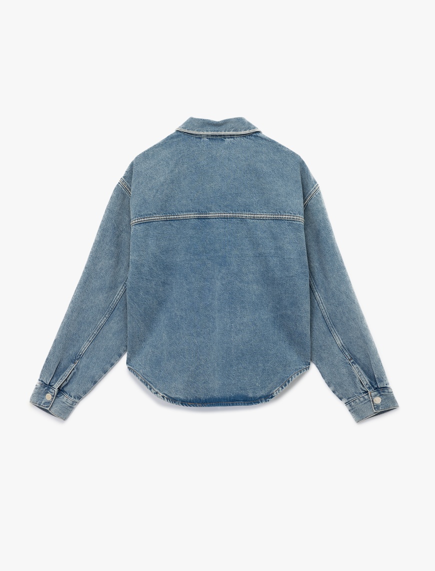   Klasik Yaka Uzun Kollu Pamuklu Düğmeli Cepli Taşlı Denim Ceket