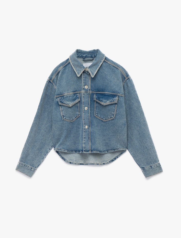  Klasik Yaka Uzun Kollu Pamuklu Düğmeli Cepli Taşlı Denim Ceket