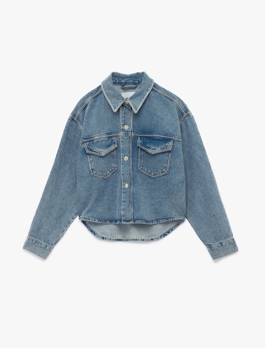   Klasik Yaka Uzun Kollu Pamuklu Düğmeli Cepli Taşlı Denim Ceket