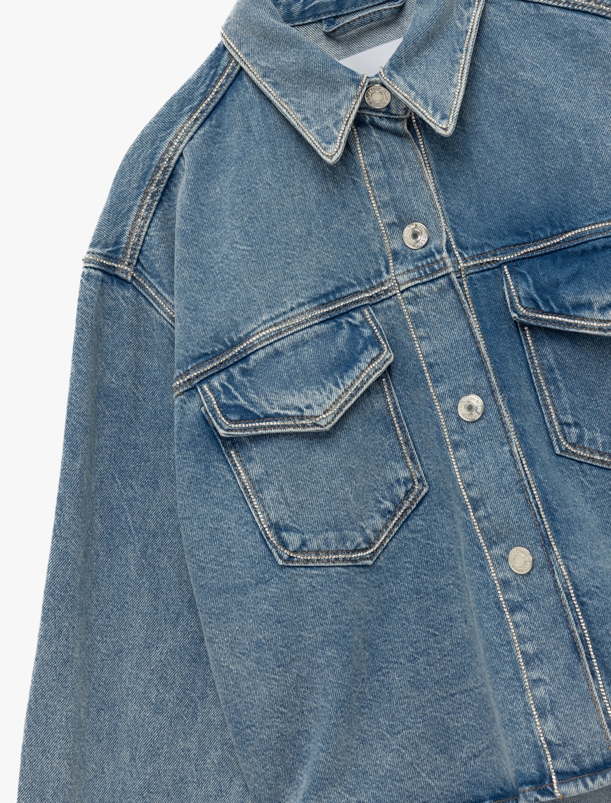   Klasik Yaka Uzun Kollu Pamuklu Düğmeli Cepli Taşlı Denim Ceket