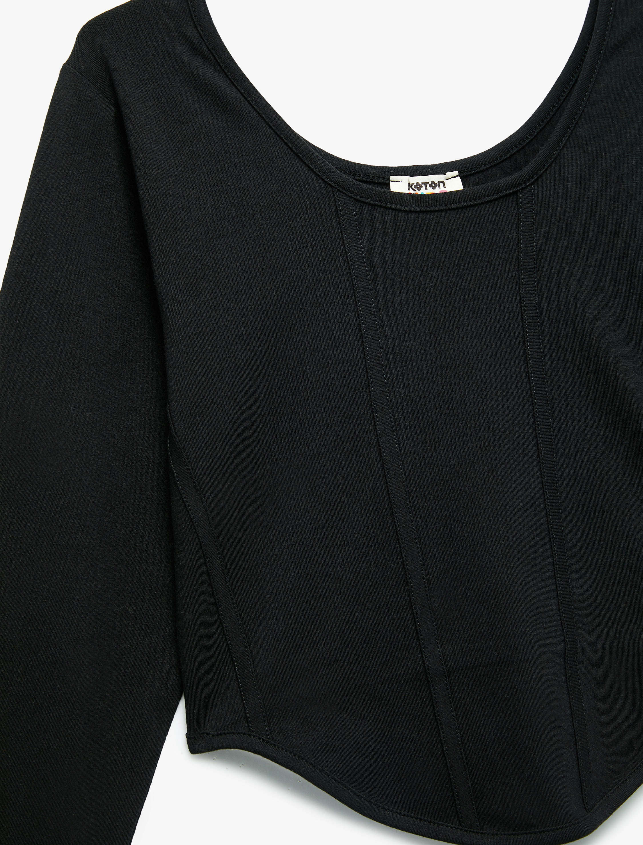  Kız Çocuk Pamuklu Uzun Kollu Kayık Yaka Crop Tişört