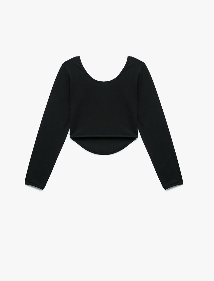 Kız Çocuk Pamuklu Uzun Kollu Kayık Yaka Crop Tişört