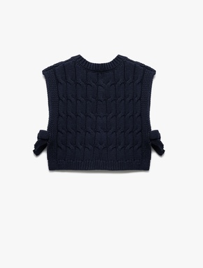 Bisiklet Yaka Kolsuz Saç Örgü Dokulu Fiyonklu Crop Okul Süveteri_3