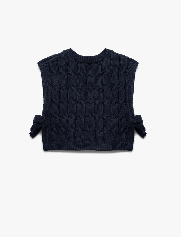 Bisiklet Yaka Kolsuz Saç Örgü Dokulu Fiyonklu Crop Okul Süveteri_3
