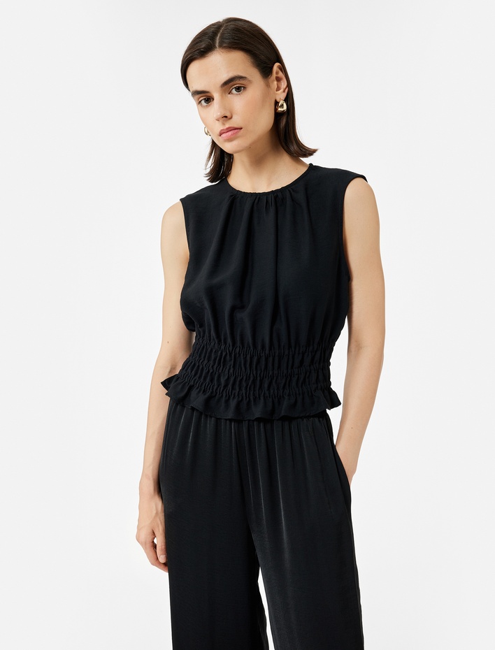  Viskon Kumaş Büzgülü Gipeli Bisiklet Yaka Kolsuz Bluz