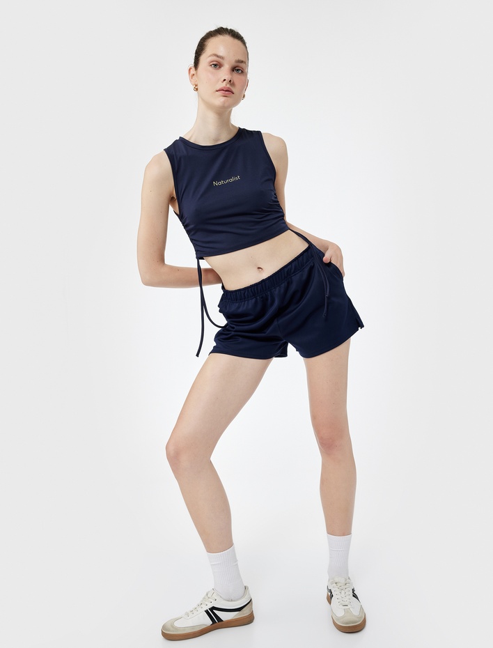  Kolsuz Bisiklet Yaka Dar Kalıp Büzgülü Baskılı Crop Spor Atlet