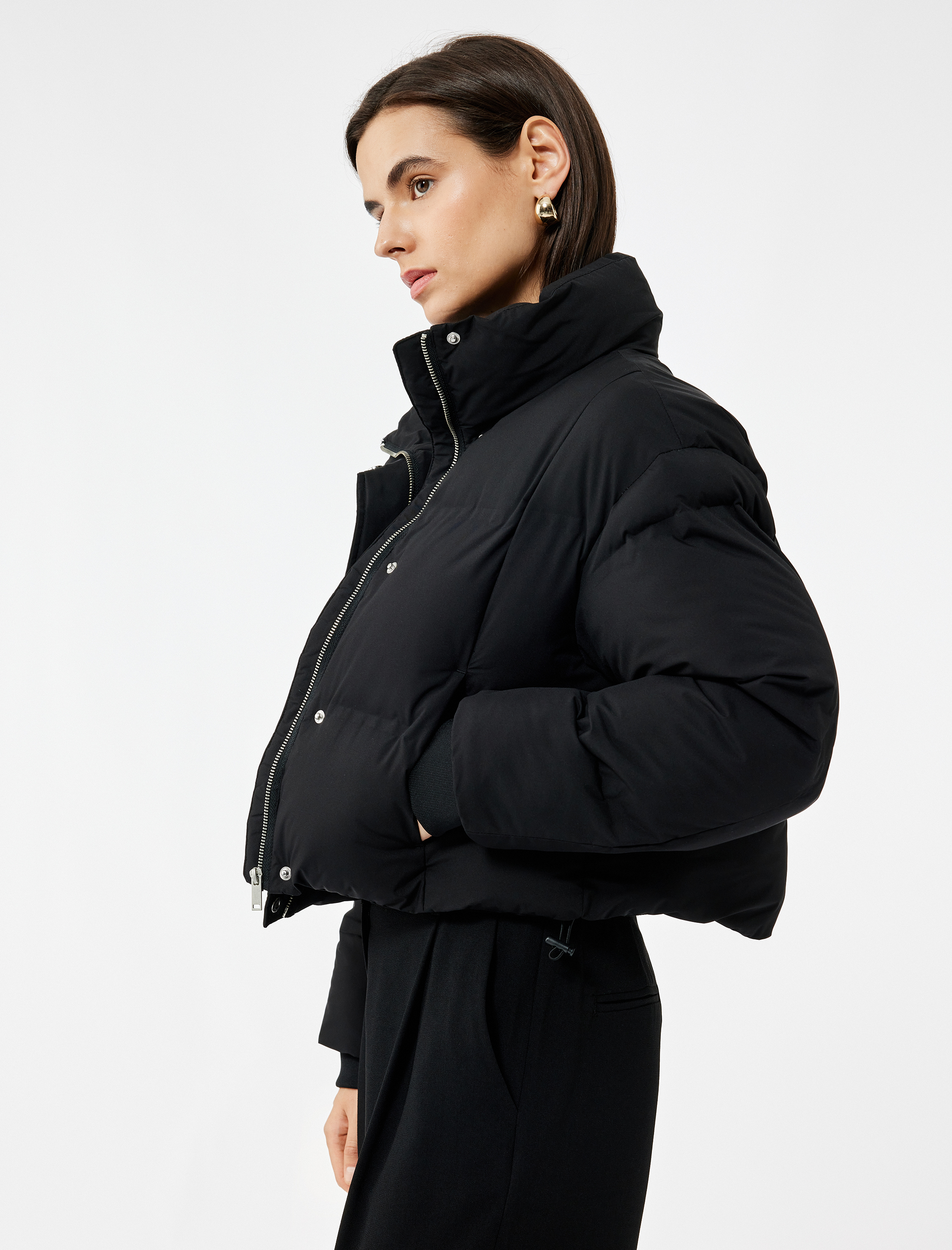   Dik Yaka Uzun Kollu Su İtici Crop Şişme Mont