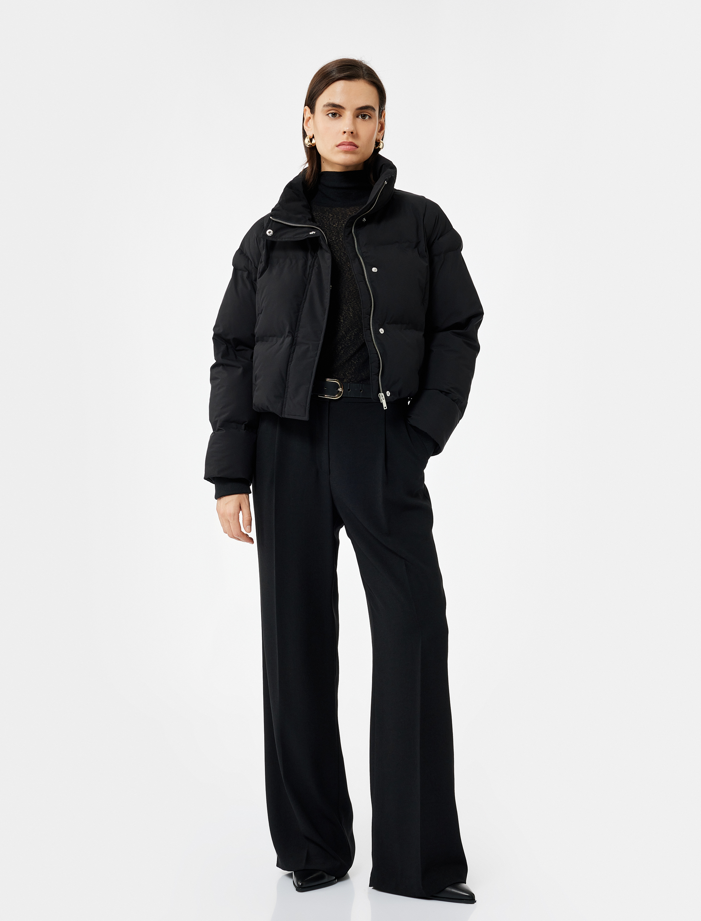   Dik Yaka Uzun Kollu Su İtici Crop Şişme Mont