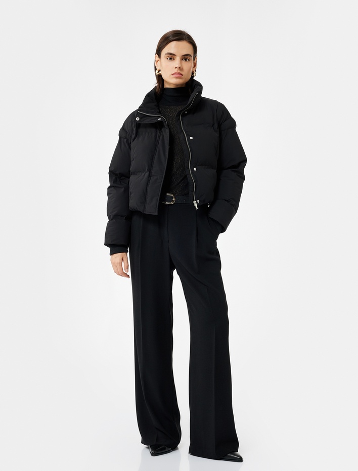  Dik Yaka Uzun Kollu Su İtici Crop Şişme Mont