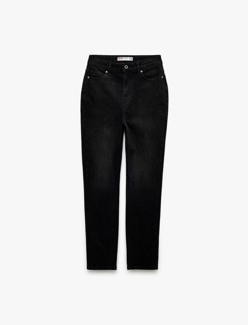   Pamuklu Yüksek Bel Düğmeli Slim Fit Mom Jean Pantolon - Mom Jeans