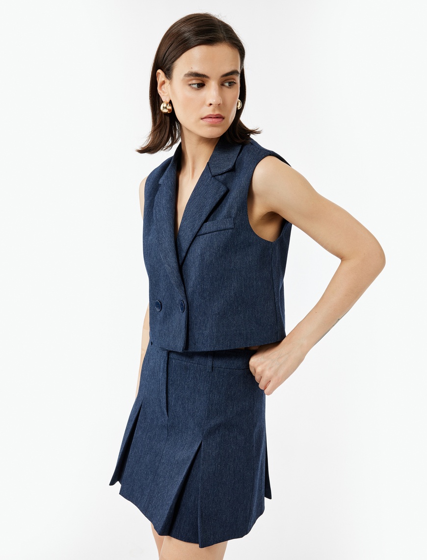   Kruvaze Yaka Kolsuz Crop Blazer Yelek