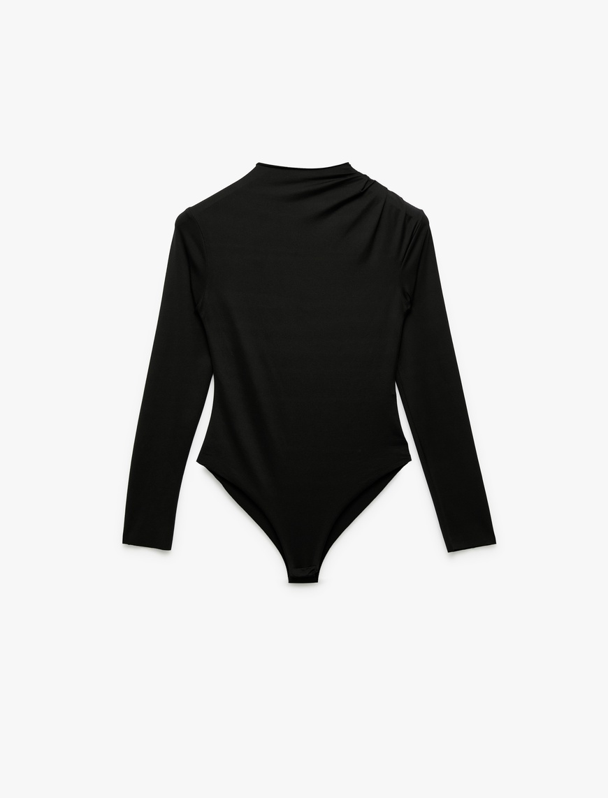   Slim Fit Hafif Dik Yaka Drape Detaylı Uzun Kollu Bodysuit