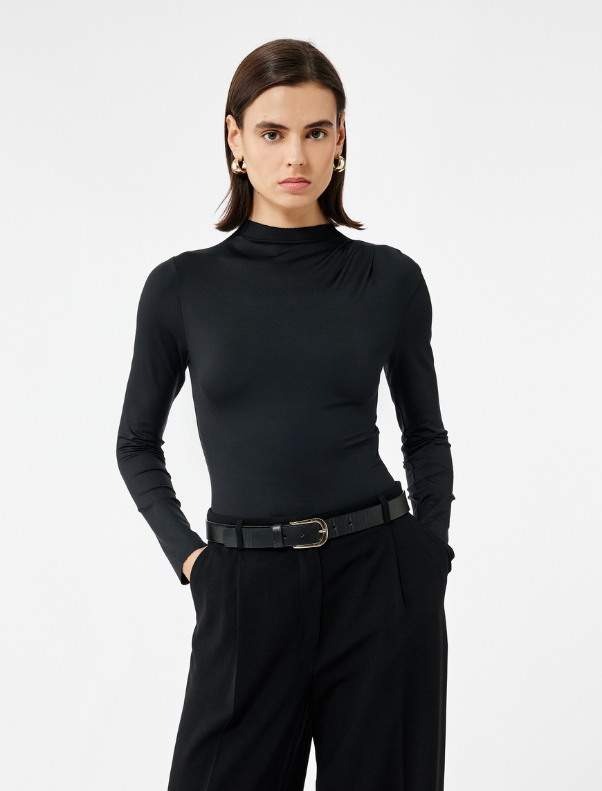   Slim Fit Hafif Dik Yaka Drape Detaylı Uzun Kollu Bodysuit