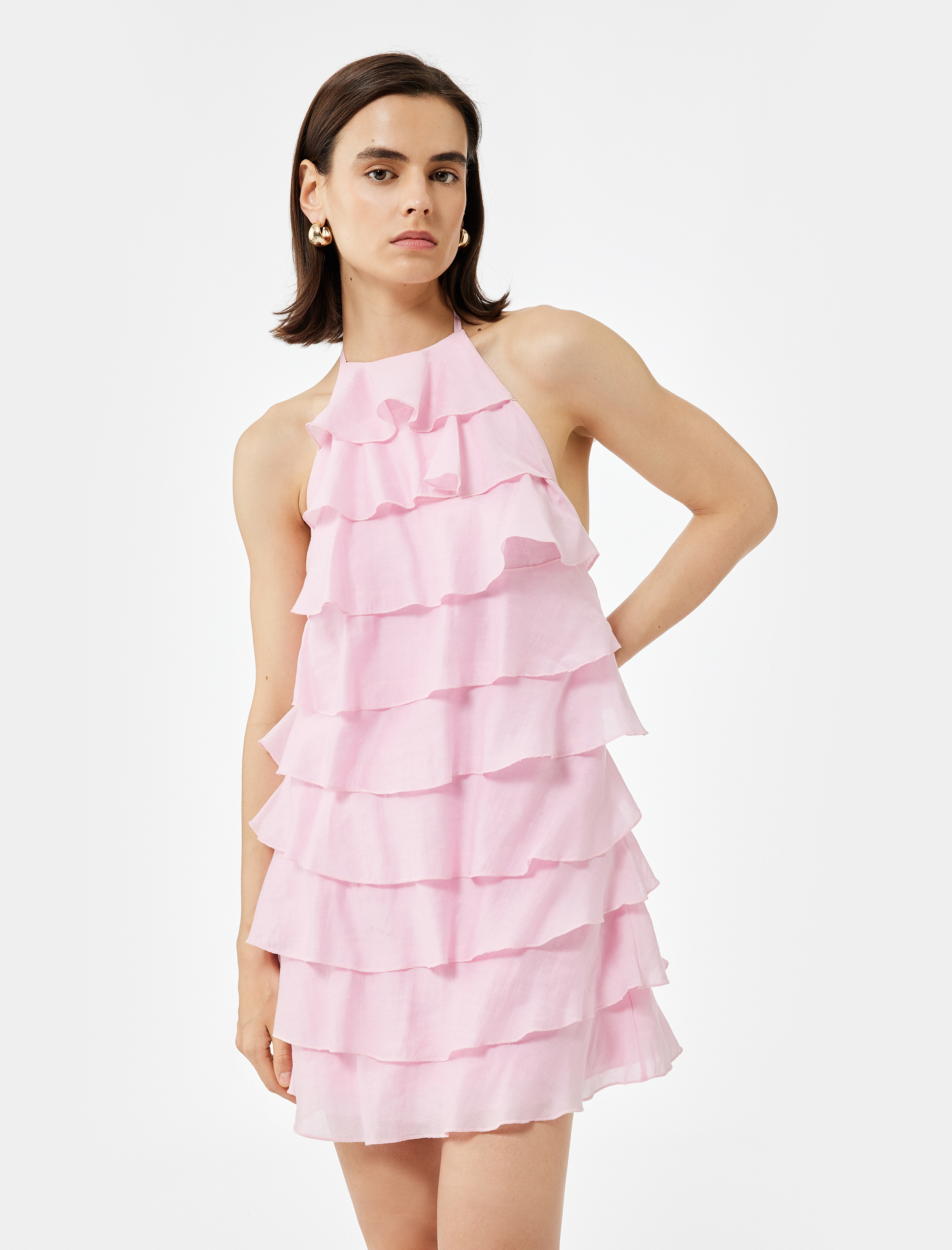   Kat Kat İnce Askılı Halter Yaka Fırfırlı Mini Elbise