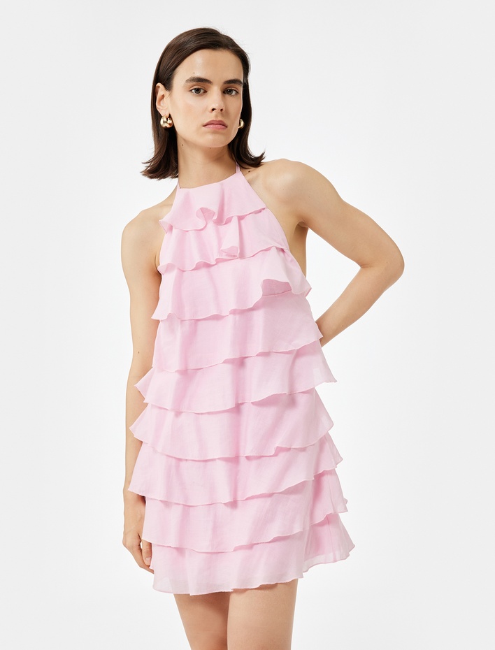  Kat Kat İnce Askılı Halter Yaka Fırfırlı Mini Elbise