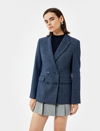 Cepli Uzun Kollu Ekose Kruvaze Blazer Ceket