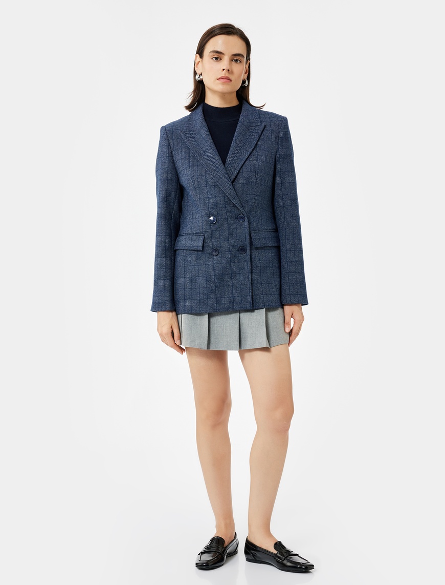   Cepli Uzun Kollu Ekose Kruvaze Blazer Ceket