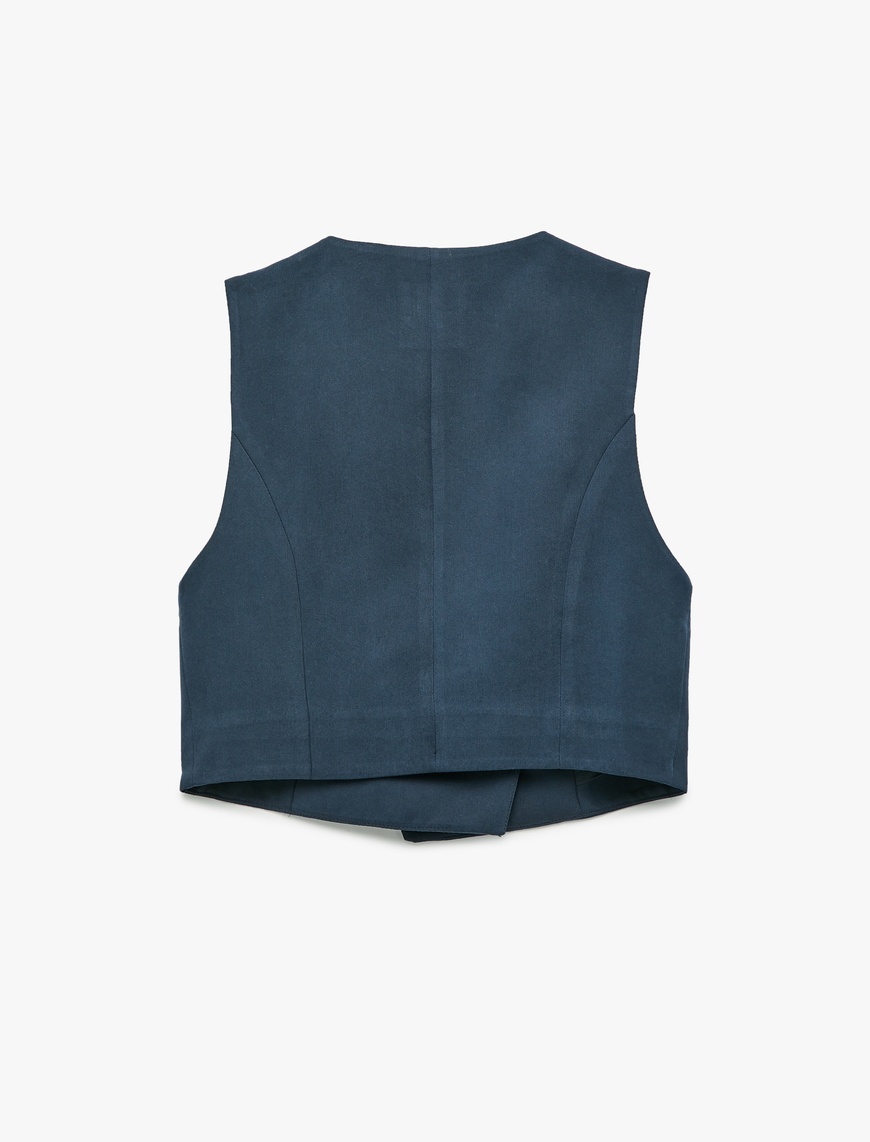   Modal Kumaş Asimetrik Kesim Düğmeli Kruvaze Crop Yelek