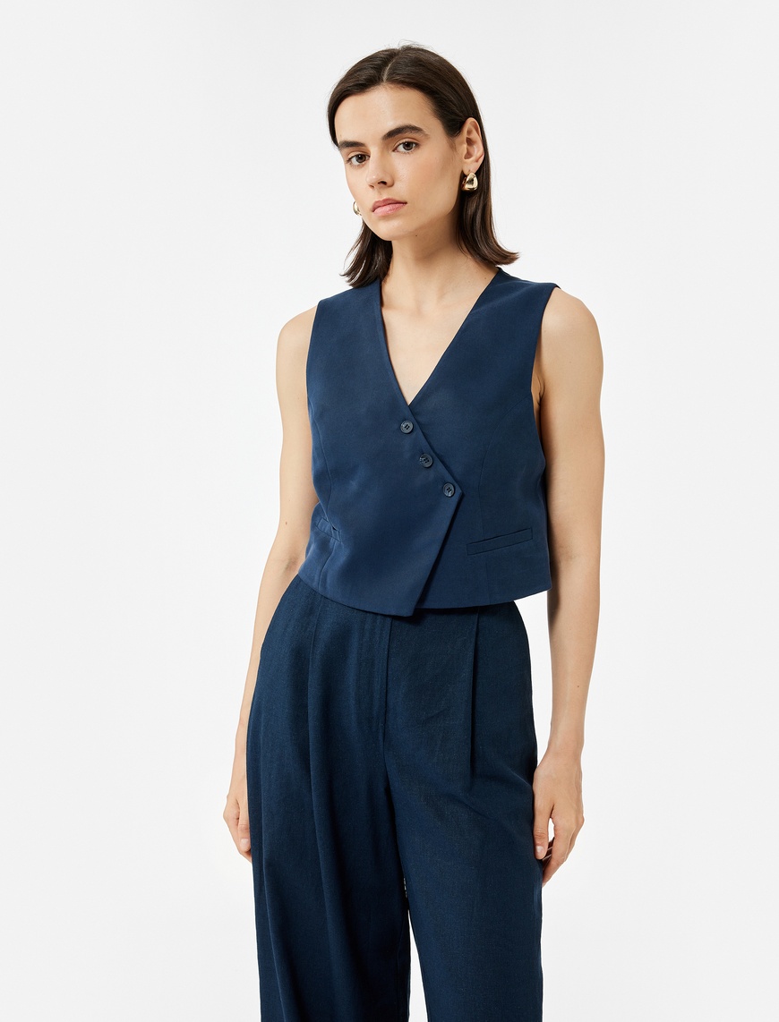   Modal Kumaş Asimetrik Kesim Düğmeli Kruvaze Crop Yelek