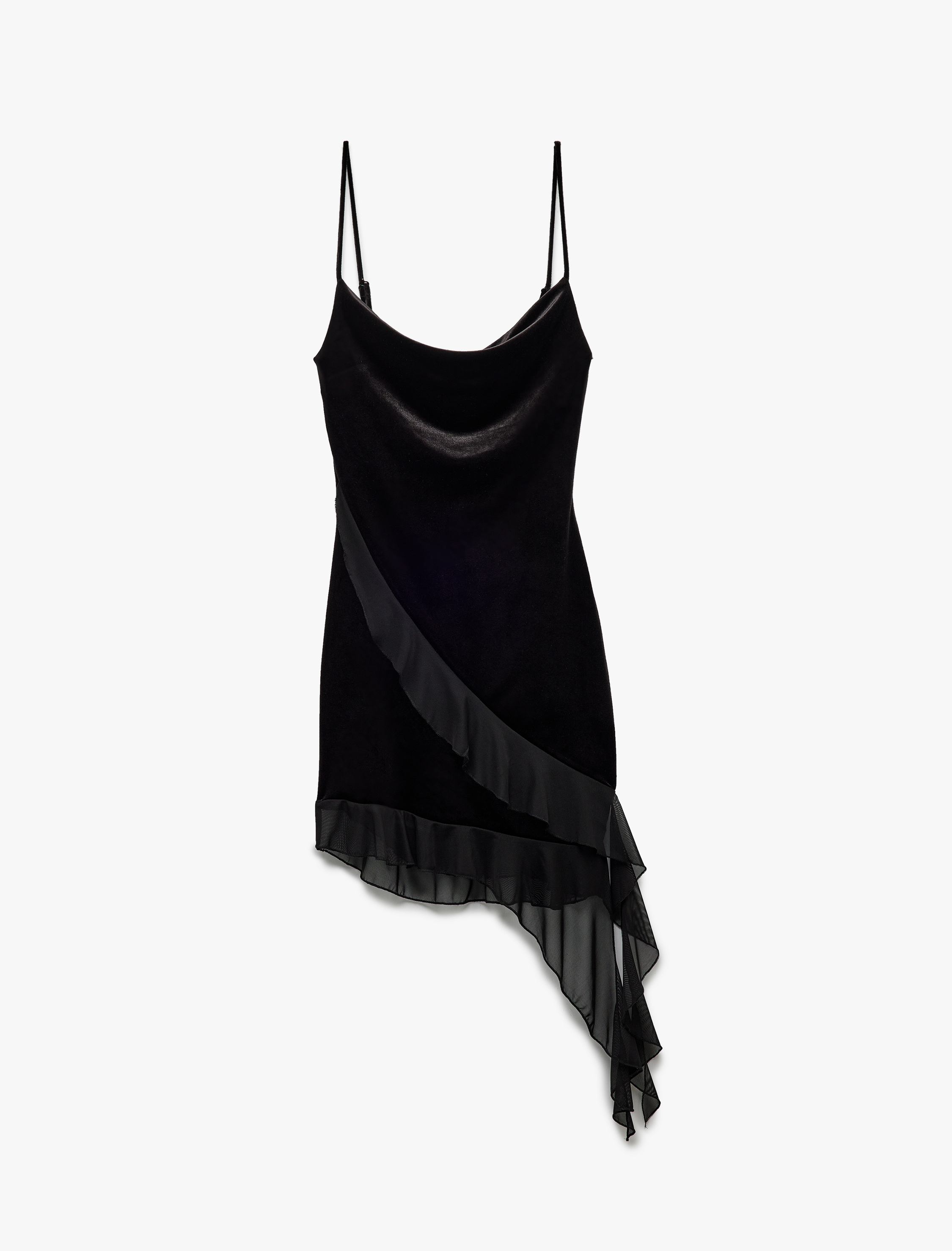   Degaje Yaka Kadife Volanlı Asimetrik Kesim Askılı Elbise