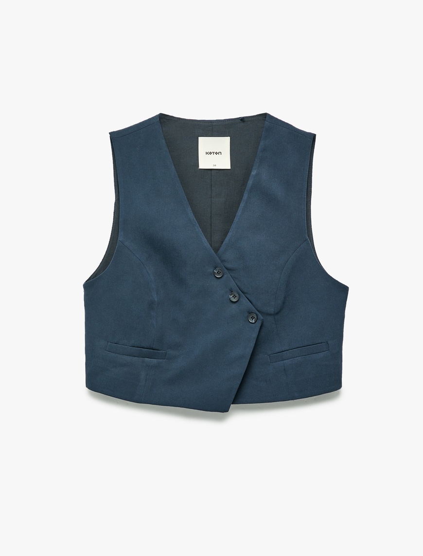   Modal Kumaş Asimetrik Kesim Düğmeli Kruvaze Crop Yelek
