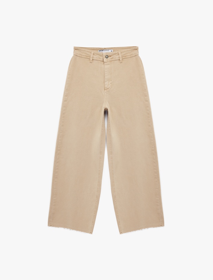  Yüksek Bel Düğmeli Cepli Rahat Kalıp Geniş Paça Denim Pantolon - Culotte Jeans