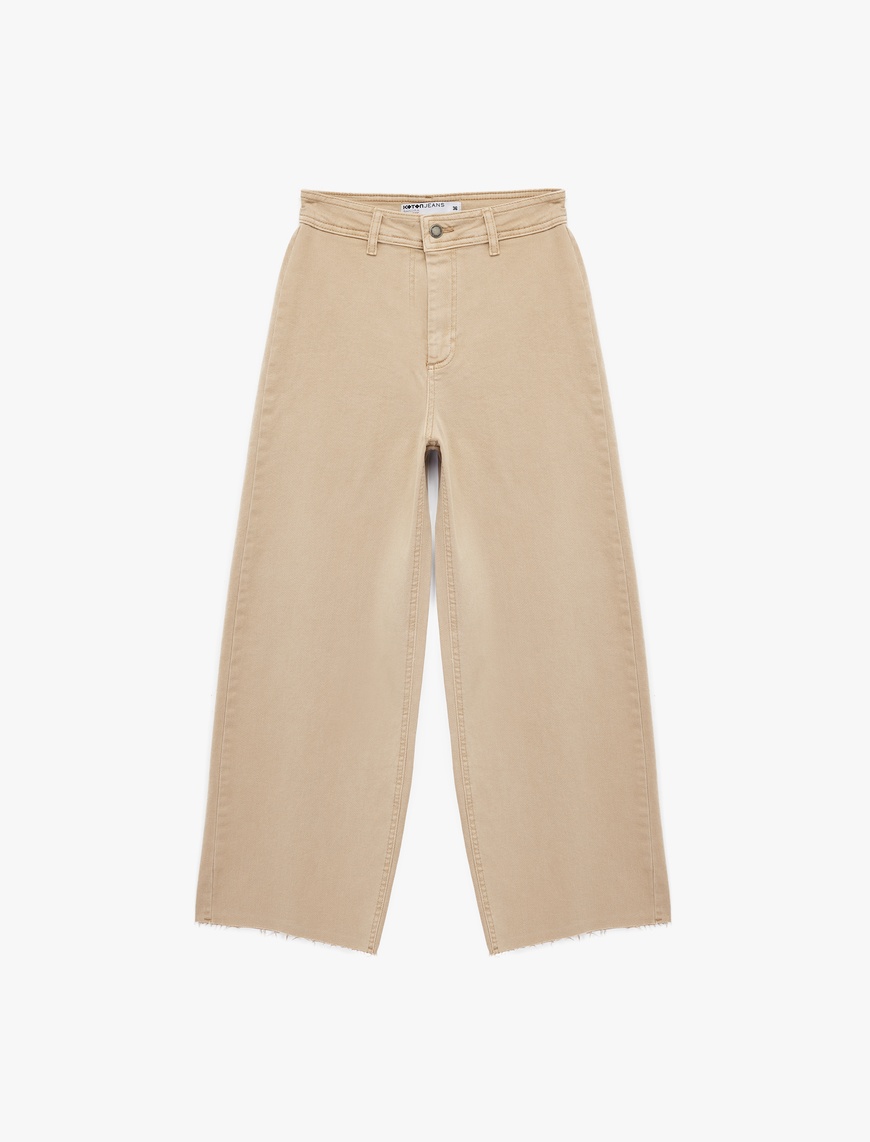   Yüksek Bel Düğmeli Cepli Rahat Kalıp Geniş Paça Denim Pantolon - Culotte Jeans
