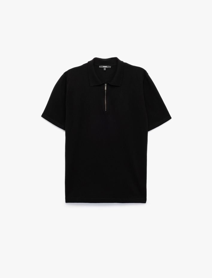  Viskon Regular Fit Polo Yaka Yarım Fermuarlı Kısa Kollu Triko Tişört