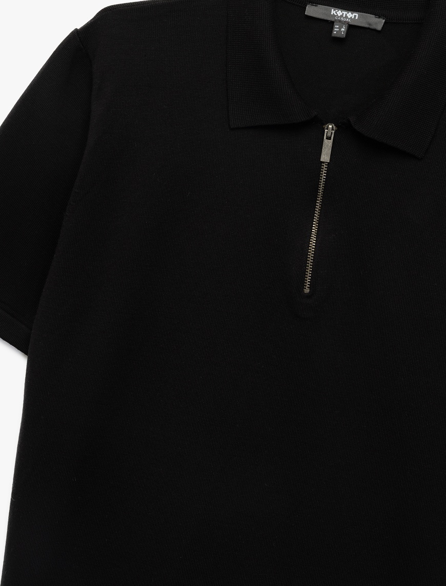   Viskon Regular Fit Polo Yaka Yarım Fermuarlı Kısa Kollu Triko Tişört