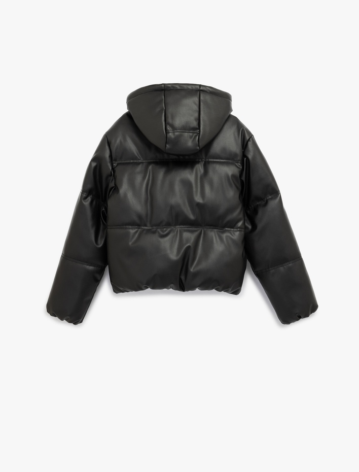  Fermuarlı Uzun Kollu Kapüşonlu Kapitone Şişme Mont