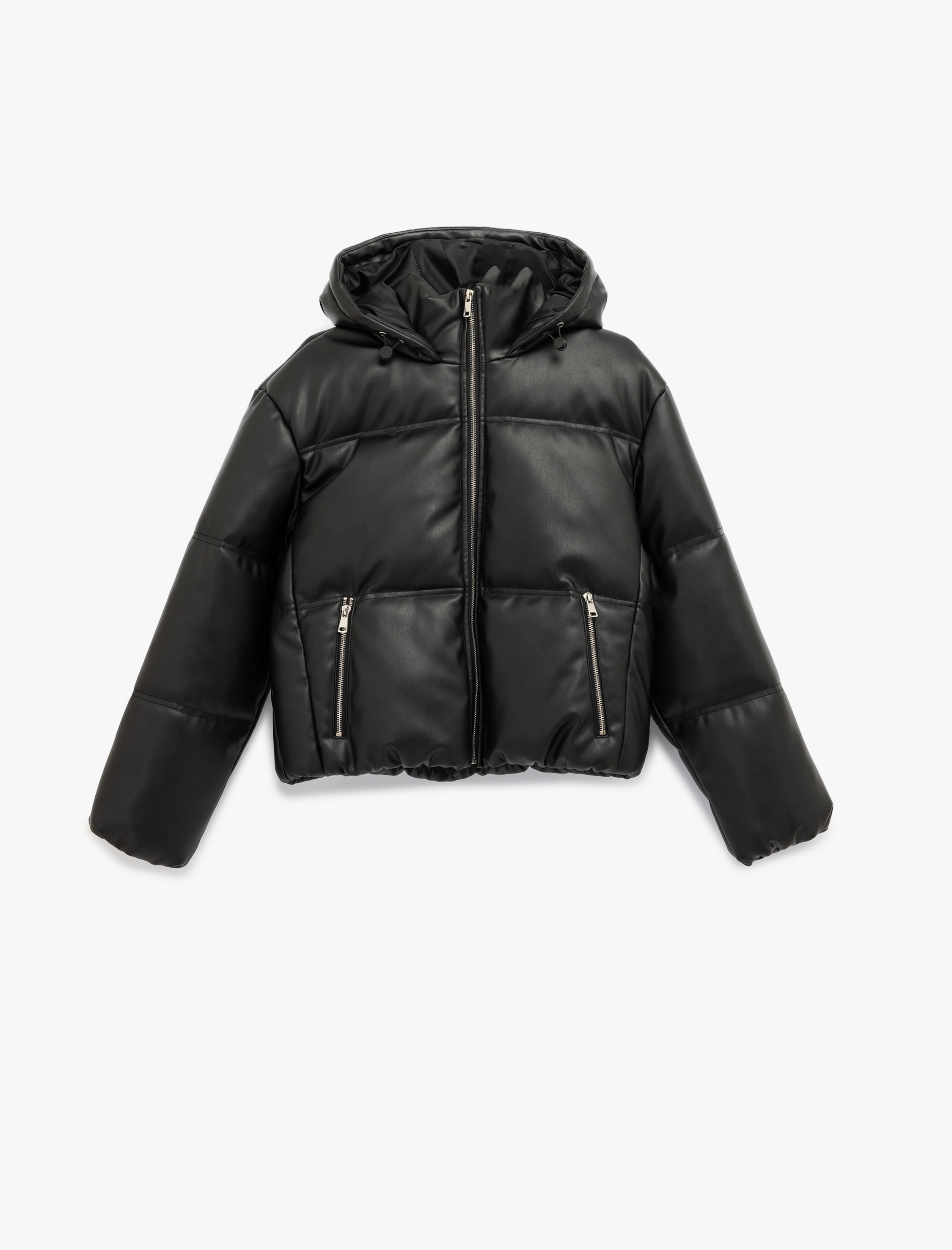   Fermuarlı Uzun Kollu Kapüşonlu Kapitone Şişme Mont