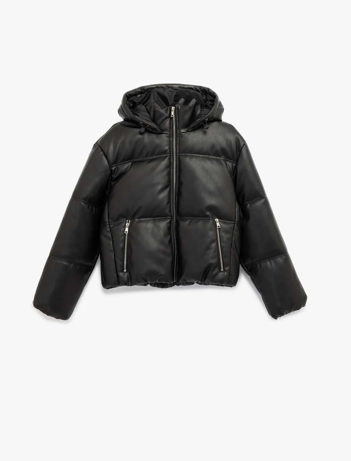  Fermuarlı Uzun Kollu Kapüşonlu Kapitone Şişme Mont