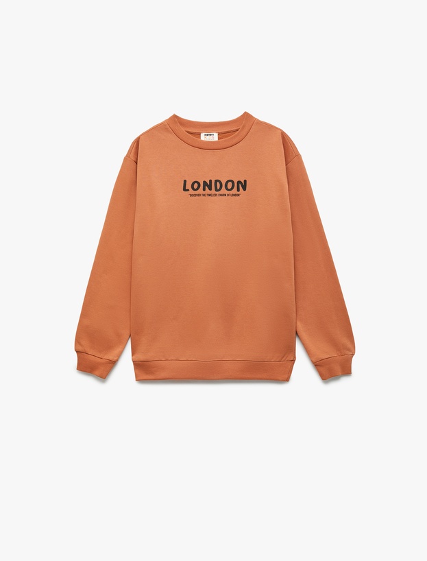 Pamuklu Uzun Kollu Bisiklet Yaka Baskılı Oversize Sweatshirt_0