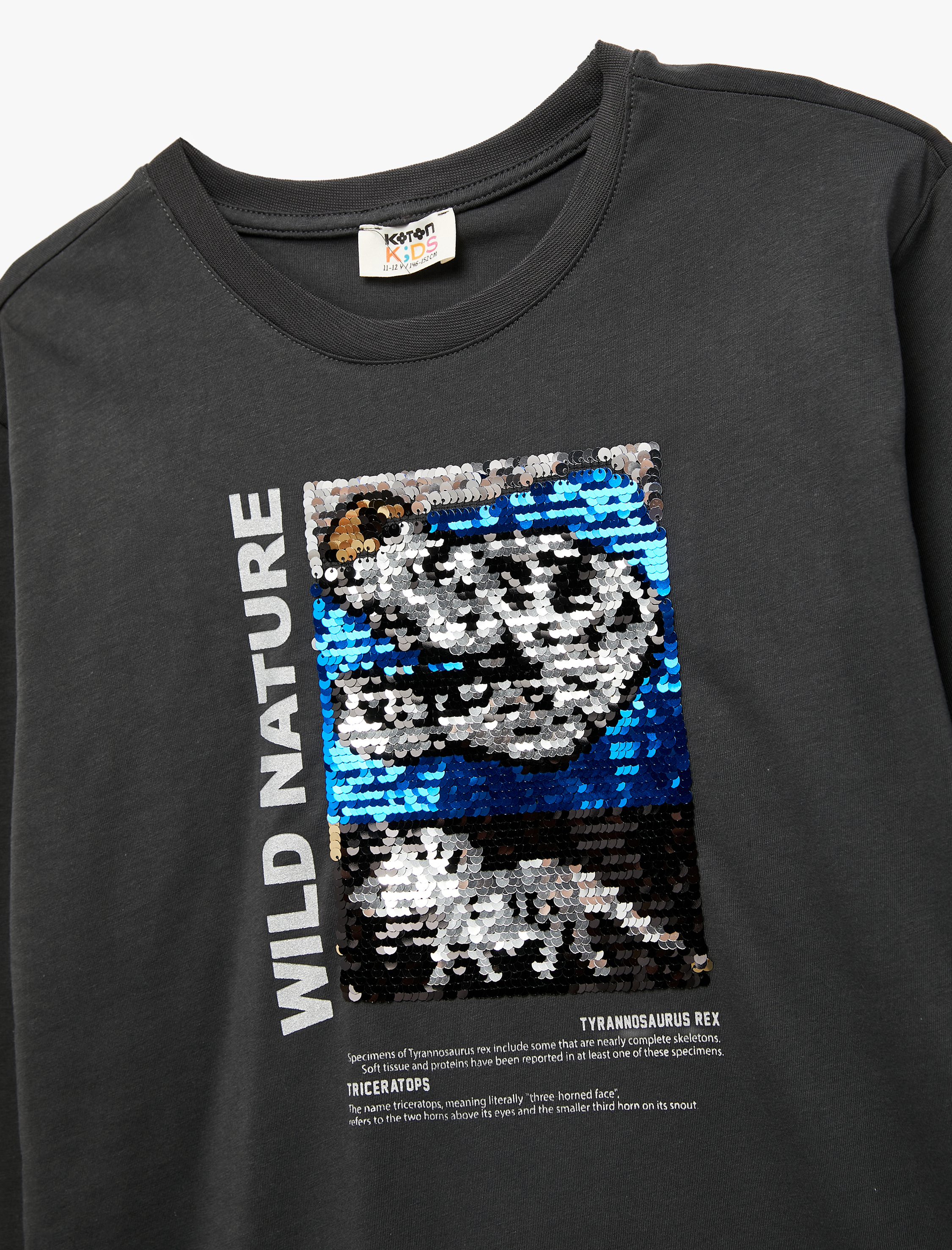  Erkek Çocuk Bisiklet Yaka Uzun Kollu Pullu Payetli Dinozor Baskılı Pamuklu Tişört