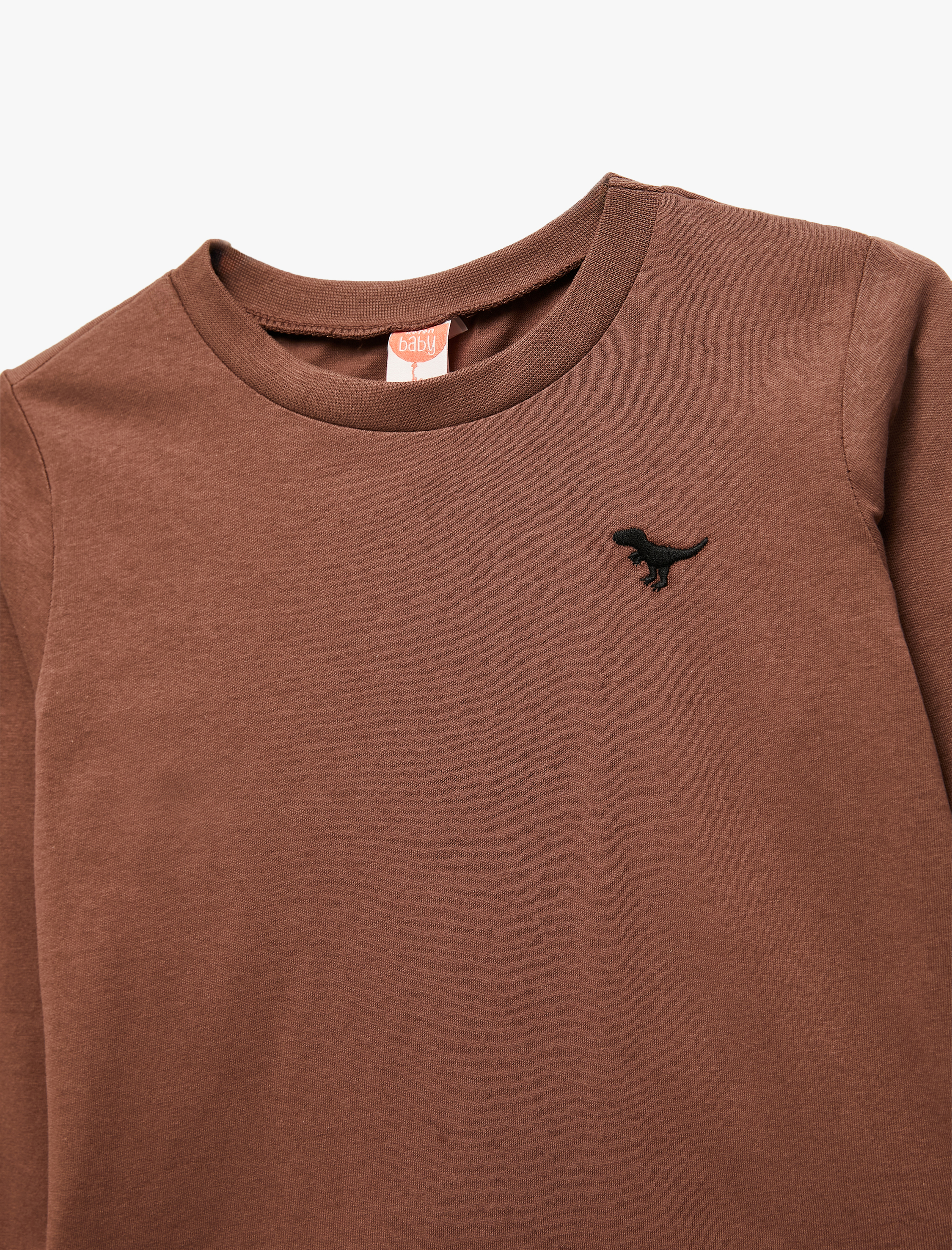  Erkek Bebek Dinozor Nakışlı Uzun Kollu Bisiklet Yaka Pamuklu Tişört