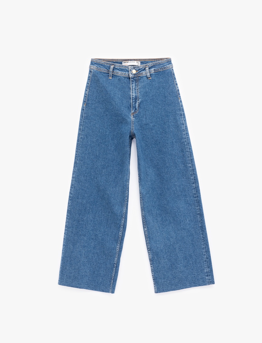   Yüksek Bel Rahat Kesim Geniş Paça Pamuklu Jean Pantolon - Culotte Jeans