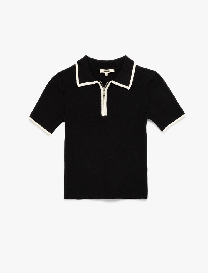  Regular Fit Kısa Kollu Polo Yaka Yarım Fermuarlı Triko Kazak